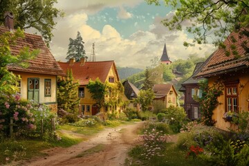 Obraz premium Delight in the picturesque beauty of a countryside village adorned with charming, colorful houses against the backdrop of spring or summer.