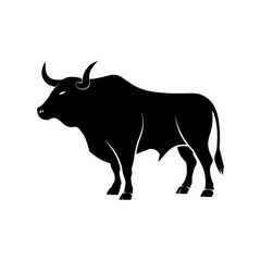 A black bull with horns is standing on a white background