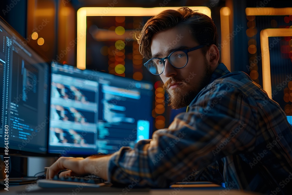 Poster focused programmer working late night in a high-tech environment