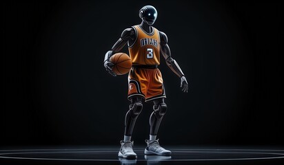basketball robot player. robot wearing a jersey playing basketball. robot model basketball athlete. black backround. cool robot in basketball jersey