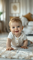 Fototapeta premium Cute baby crawling on the floor at home 