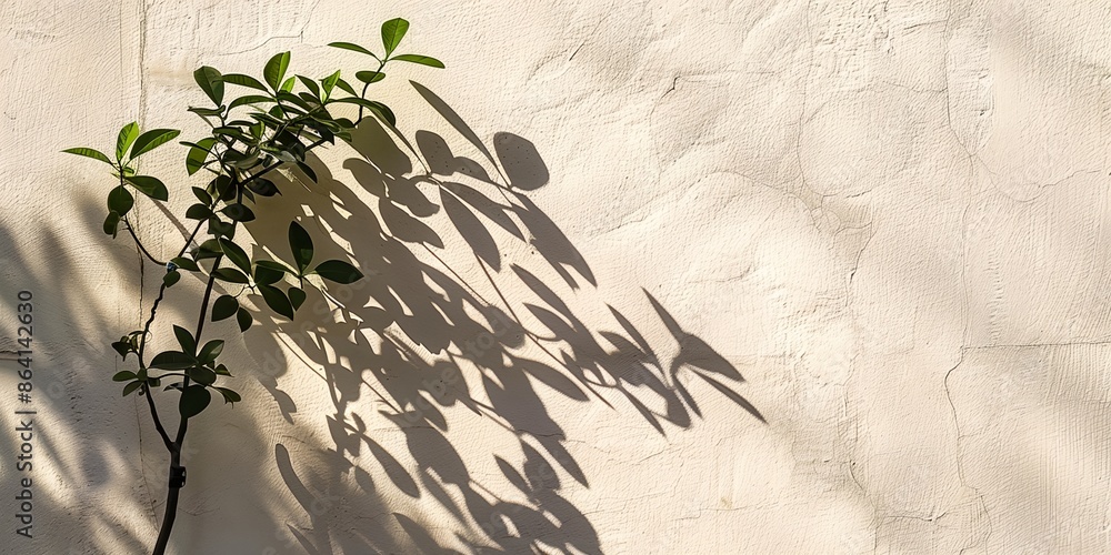 Poster a tree casts a shadow on a white wall. the shadow is long and thin, stretching across the wall. the 