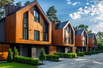Fototapeta premium Discover the allure of modern living with a row of stylish townhouses featuring wooden cladding, showcasing innovative residential architecture.