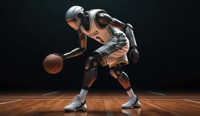 Fototapeta premium basketball robot player. robot wearing a jersey playing basketball. robot model basketball athlete.