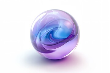 A purple and blue glass ball with a swirl pattern. The ball is sitting on a white background