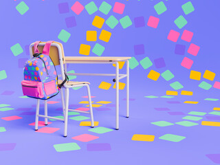 School Desk with Colorful Backpack and Abstract Shapes on Purple Background