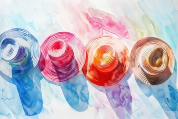 A vibrant watercolor painting featuring colorful swirls in blue, pink, red, and brown hues creating an abstract, artistic composition.