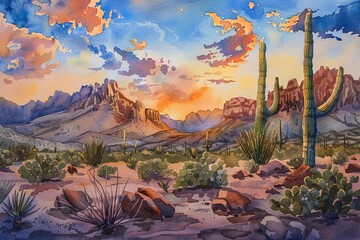 Watercolor digital painting of a sunrise on a desert planet, pastel colors with clouds and rocks, generative AI