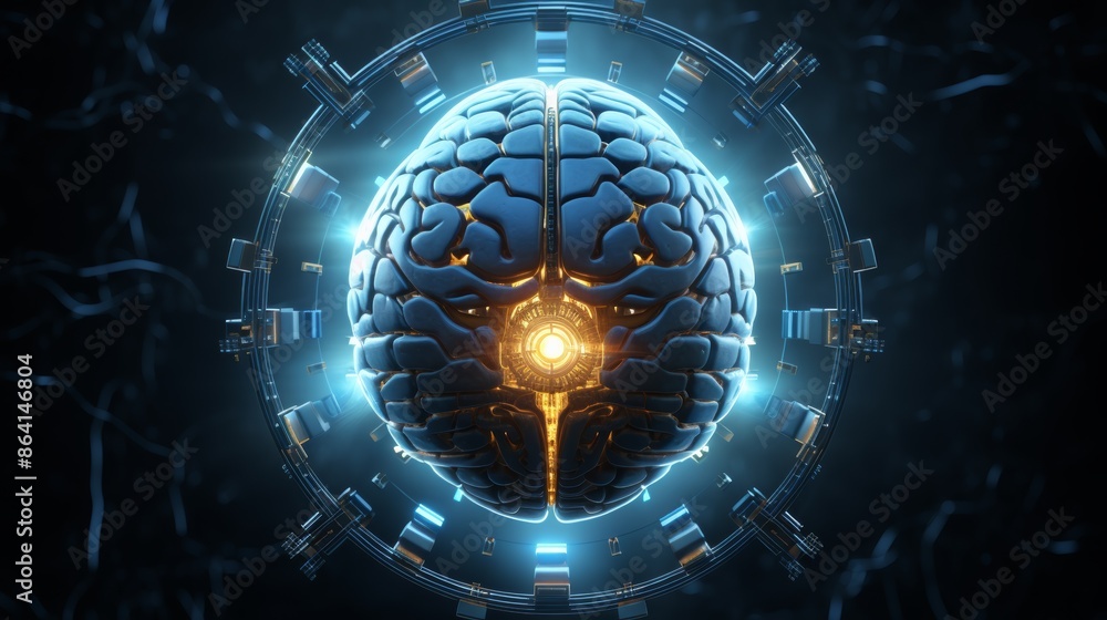 Aufkleber a futuristic concept art of a human brain with an alpha circle, representing the merging of human co