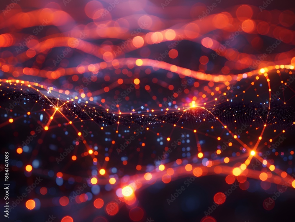 Poster glowing network of interconnected nodes in a digital landscape