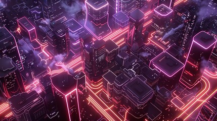 an aerial view of a futuristic financial district at night, where buildings are interconnected with glowing data streams