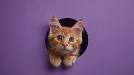 A ginger kitten peeks curiously through a hole in a purple wall.