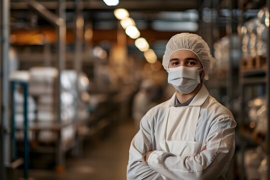 Factory Worker in Protective Gear Standing in Warehouse