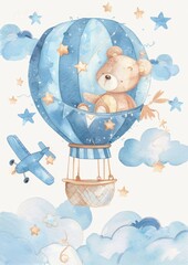 Children's border frame illustration - Teddy Bear in airplane and hot air balloon. Baby shower, announcement, birthday party, newborn event. Watercolor drawing, template, print, poster.