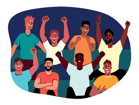 Sports fans cheer for their favorite team in the stands at the stadium. Group of men rejoicing in the stands. Men with raised hands support football team. Winning moment. Cheering crowd
