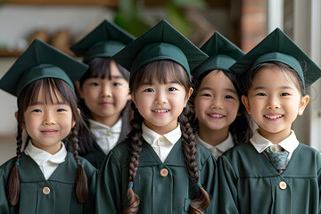 Group of kindergarten kids with friends' arms around smiling fun
