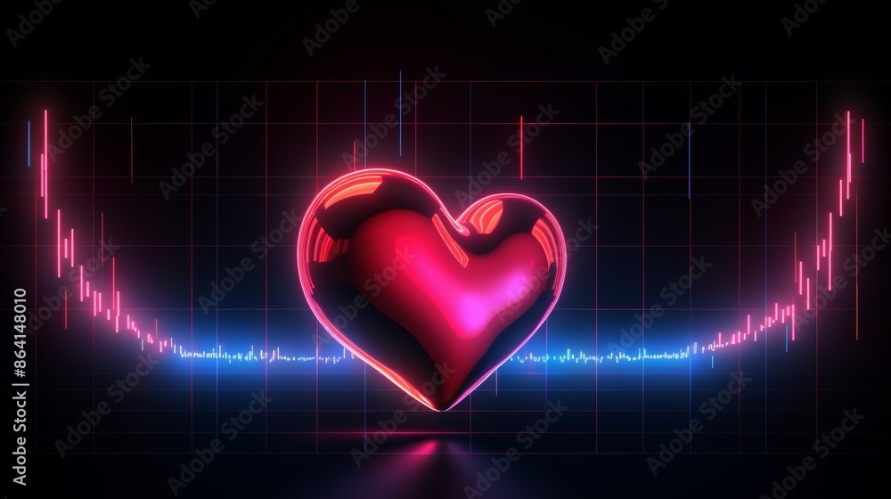 Poster a stylized illustration of a heart's electrical signal represented as a flowing neon line, pulsating