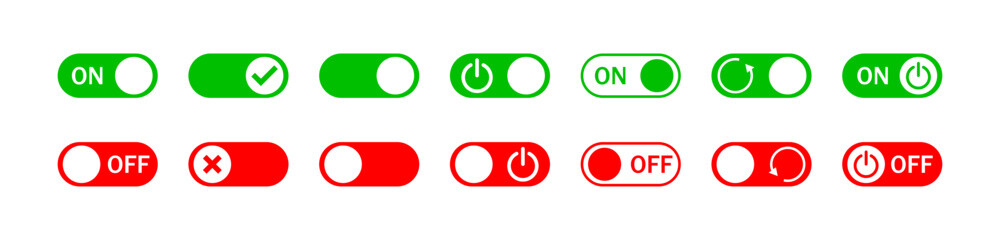 On and off toggle switch buttons in green and red color. Slider interface power icons. Turn on and off buttons collection. Flat design. Vector illustration.