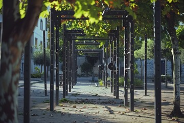 Fototapeta premium Tranquil Pathway with Metal Archways and Green Foliage