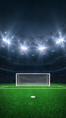 Modern sport stadium at night and football or soccer field with white goalpost ready for the match. Sports background as 3D illustration in vertical format for social media advertising.