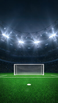 Modern sport stadium at night and football or soccer field with white goalpost ready for the match. Sports background as 3D illustration in vertical format for social media advertising.