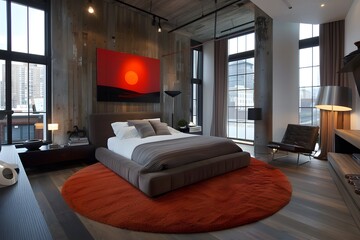 Modern Industrial Bedroom with Bold Red Accents and City Views