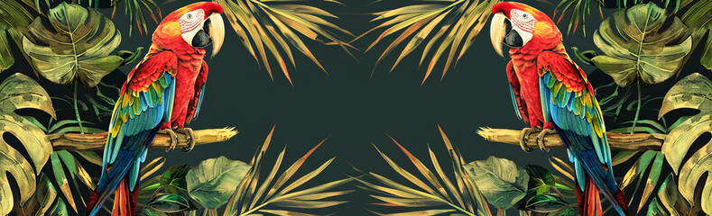 Obraz premium wallpaper jungle with palm leaves and colorful parrots, vintage background 