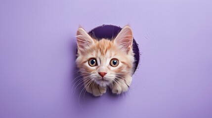 Obraz premium Curious kitten peeks through a hole in the wall.