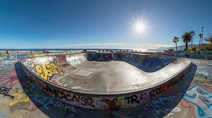 Graffiti-covered skate park bowl under clear blue sky