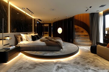 Luxurious Modern Bedroom with Circular Bed and Ambient Lighting