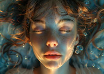 Chica adolescente, estado Rem, onírico, primer plano, rostro juvenil, ojos cerrados,  rodeada de burbujas, reflejos de luz, somnolencia, relajación, estudio del sueño