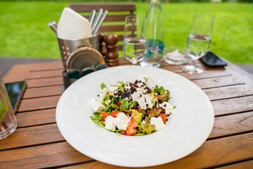 Avocado salad with fresh vegetables, arugula and cheese in a European Czech restaurant.