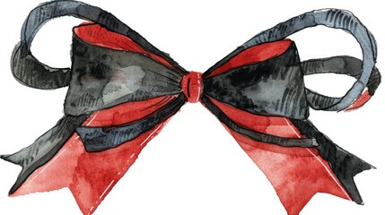 Charming retro clipart featuring a black and red bow in watercolor style perfect for the holiday season