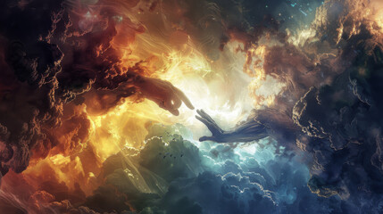 illustration depicting the iconic moment from the Book of Genesis where God creates Adam, reaching out with his finger to touch Adam's hand, against a backdrop of celestial light and clouds. 
