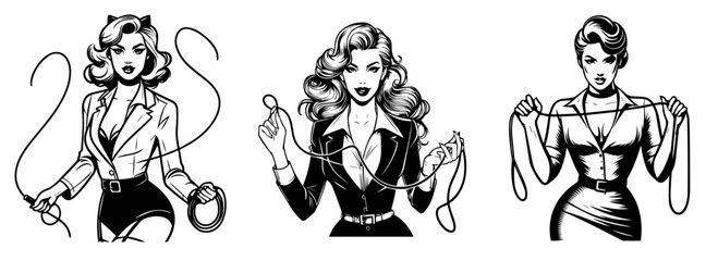 vintage pin-up girls with whips and leashes artwork set