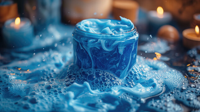 &aacute;cido hialur&oacute;nico en gel frasco de cristal azul que contiene crema anti-edad, prevenci&oacute;n arrugas, frescor, masaje, rostro, firme, &eacute;l, ella, fotograf&iacute;a de producto salpicado por agua fondo difuminado 
