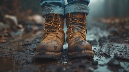 Close-up of muddy boots in a rugged outdoor environment