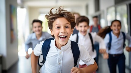 schoolchildren run out of school after lessons