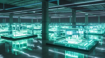 an ultra-modern digital trading floor, depicted as an expansive, sleek metallic surface