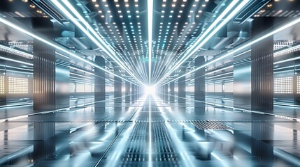 an ultra-modern digital trading floor, depicted as an expansive, sleek metallic surface