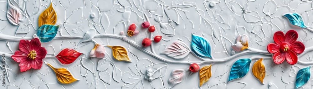 Poster background is white with foliage and floral patterns. painting texture with patterns.