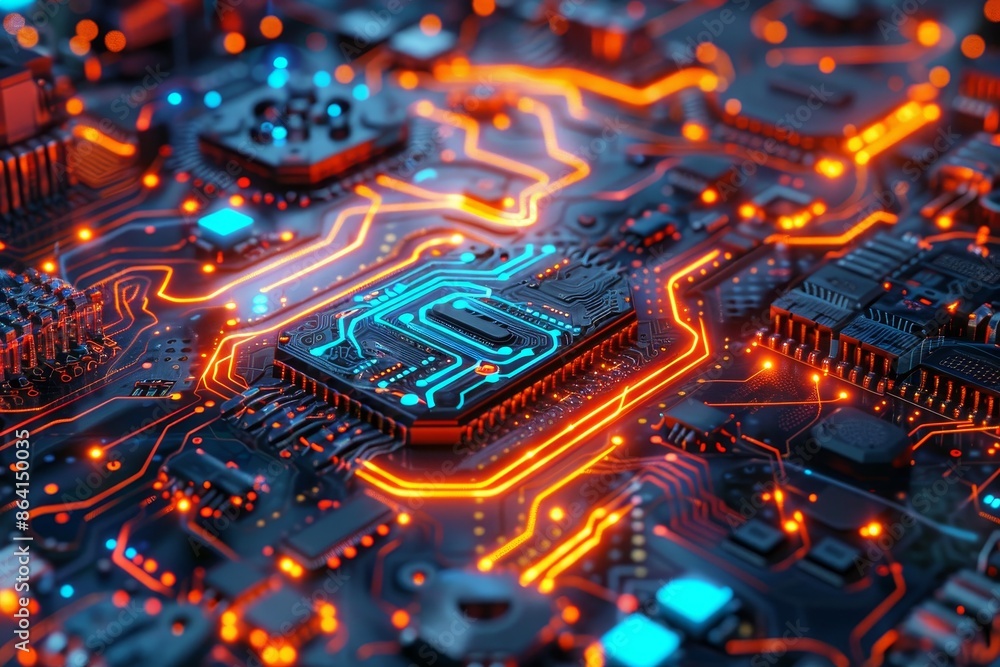 Poster circuit board and code in orange and blue with a technology background