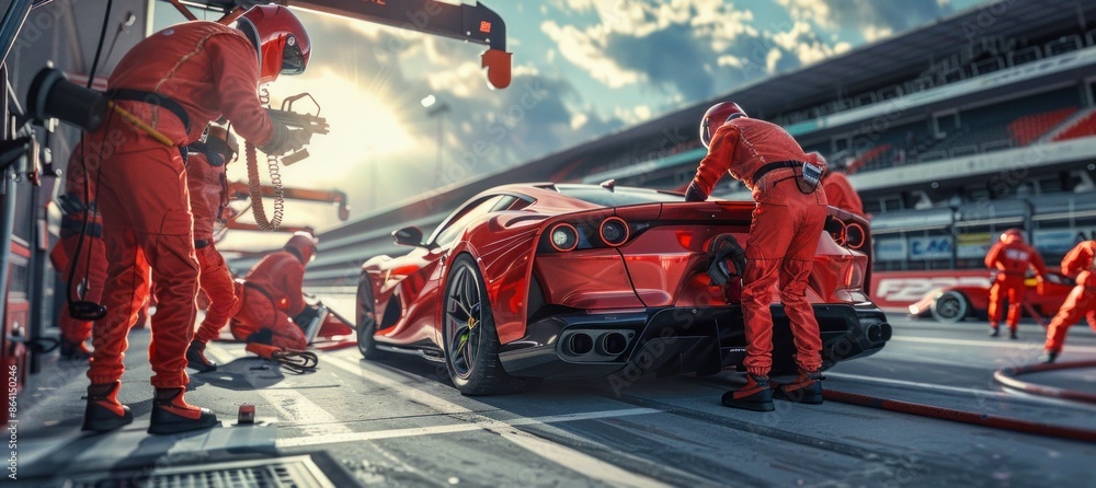 Poster pit stop action with crew in red uniforms. generative ai