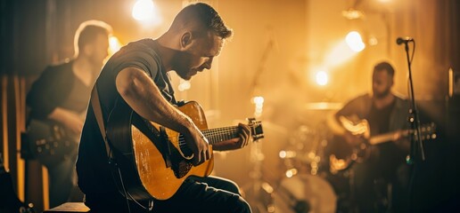 Live Acoustic Guitar Performance in Warm Lighting. Generative ai