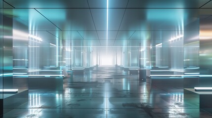 an ultra-modern digital trading floor, depicted as an expansive, sleek metallic surface