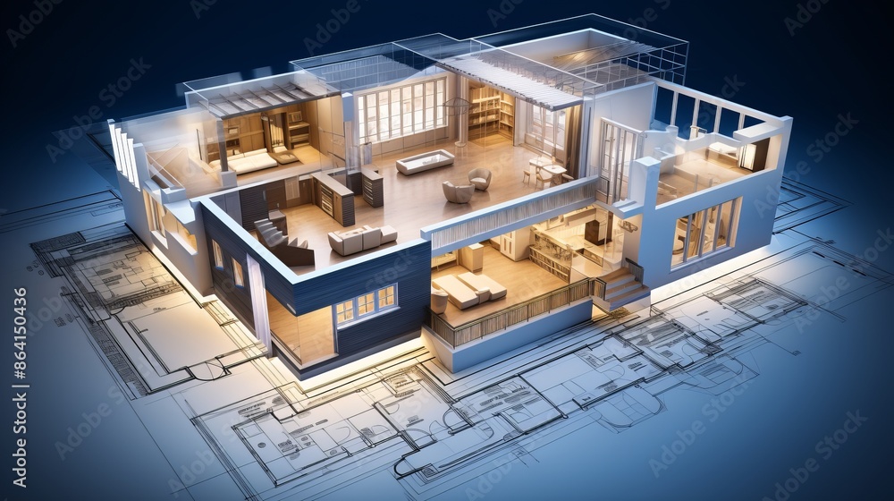 Poster vision of architecture of a 3d model house project with blueprint