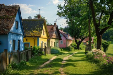 Experience the idyllic charm of a countryside village adorned with beautiful, colorful houses set against a spring or summer backdrop.