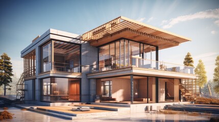 vision of architecture of a 3d model house project with blueprint