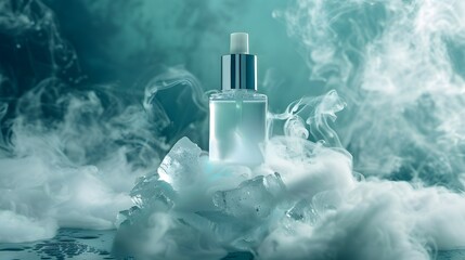 A bottle of white skincare product is placed on ice, surrounded by smoke and mist, with a gradient background of blue-green tones.
