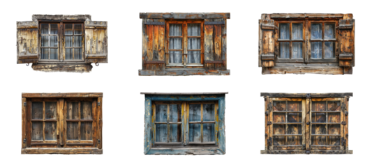 Six rustic wooden windows with shutters, cut out - stock png.